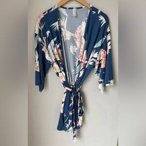 Flora Nikrooz Phoebe Floral Wrap Robe Tank Blue Floral Womens Size L 2 Pc Set